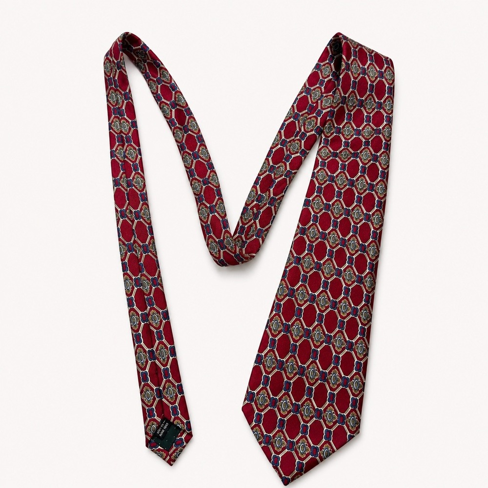 Vintage Amherst & Brock Red Geometric Medallion 100% Silk Tie Made‎ in Italy 90s